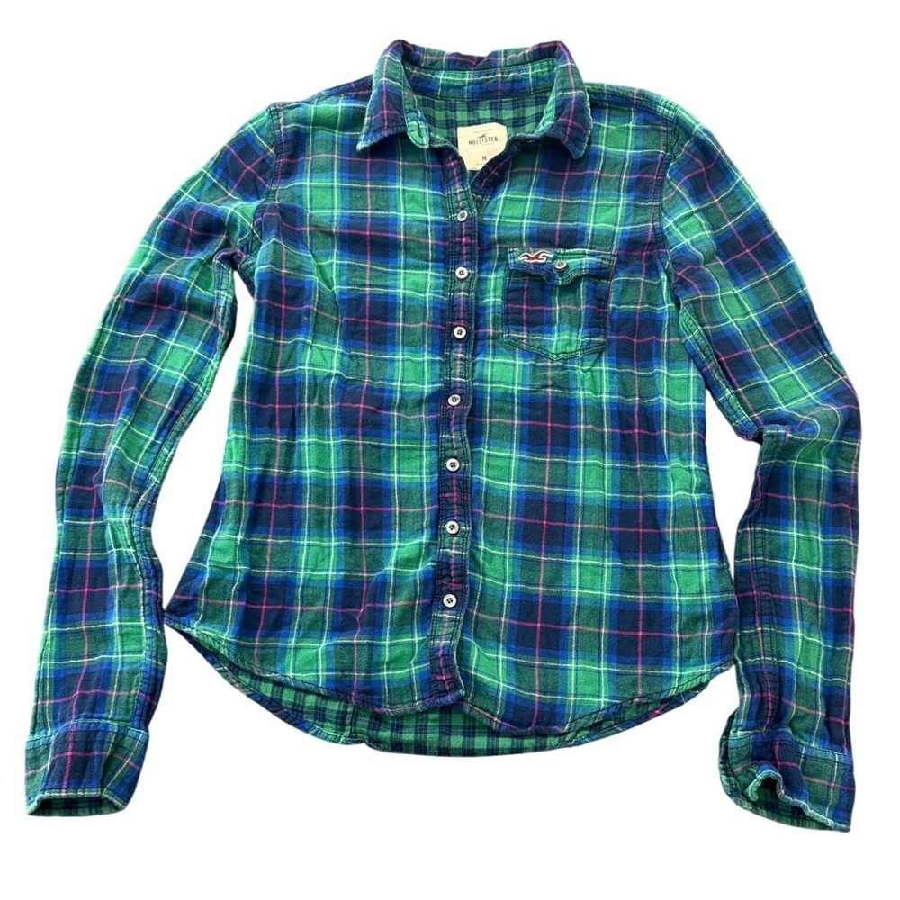 Hollister Mens Plaid Flannel Button Down Shirt Green Blue Pink Size M Logo